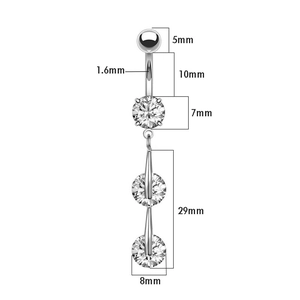 Detailed technical diagram showing dimensions of a silver navel ring with zircon pendant