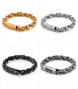 Byzantine chain bracelets in gold, steel, black, and antique silver with plug-in clasps