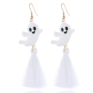 Macro detail of white Halloween ghost earrings with silky tassels and gold hooks