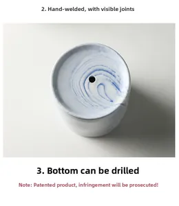 Detail of blue marble ceramic vase base with pre-drilled drainage hole and handmade craft