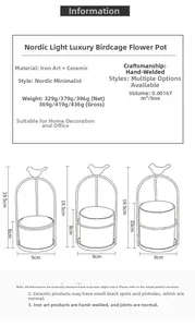 Detailed size chart for Nordic style wrought iron and ceramic birdcage flower pot