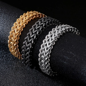 Three-color double-layered V-shaped stainless steel bracelets in gold, silver, and black