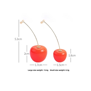 Detail view of red cherry earrings showing dimensions of large and small drop sizes