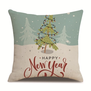 Housse de coussin de Noël en lin bicolore avec texte Happy New Year pour le salon
