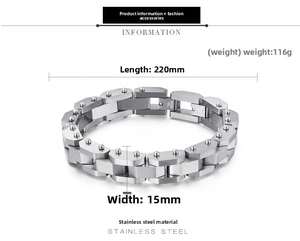Detailed specs of men's stainless steel rhombic strap bracelet, 220mm length and 15mm width