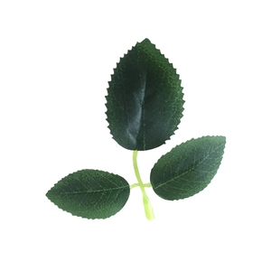 Deep green artificial rose leaves with realistic fabric texture and plastic stem