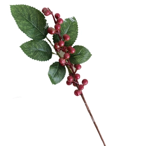 Artificial blueberry branch with dark red berries and green leaves for home decoration