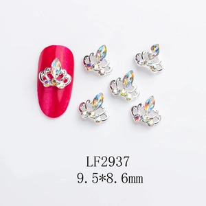 Macro view of 9.5x8.6mm crown alloy nail art charms with AB rhinestones and silver base