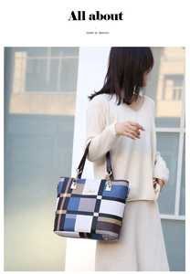 Plaid tote bag details featuring blue and brown geometric patterns with gold chain