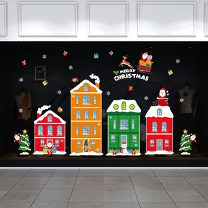 Christmas Wall Stickers PVC Removable Waterproof Santa Claus Reindeer Snowflakes Colorful Houses Glass Window Decor