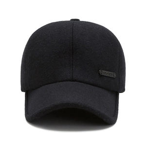 Winter black wool baseball cap for men with warm ear protection and sport metal plate