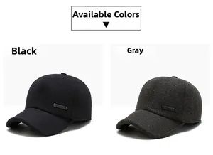 Men's winter baseball caps shown in black and grey with warm fleece ear protection