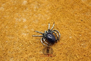 Close-up of a spider brooch with dark blue sandstone inlay and silver metal legs
