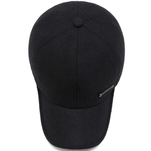 Men's winter baseball cap in black thick wool blend with ear protection and metal plate