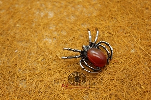 Macro detail of a silver spider brooch featuring an oval reddish-brown gemstone inlay