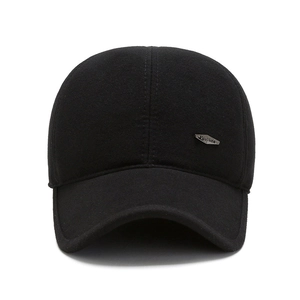 Winter wool baseball cap for elderly men featuring protective ear flaps in solid black