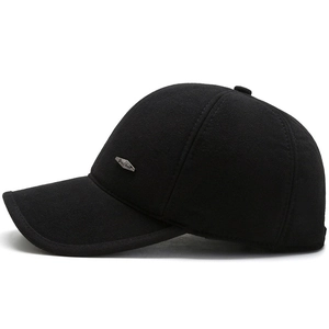 Classic black wool baseball cap for men with warm ear flaps and metal side detail