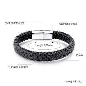 Braided black leather bracelet for men with stainless steel magnetic clasp 260mm