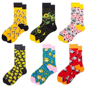 Set of 6 colorful cartoon crew socks featuring hamster, koala, and sunflower patterns