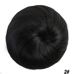 Detailed close-up of dark black color 2 synthetic fiber drawstring bun hairpiece structure