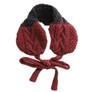 Kids knitted scarf with diamond pattern in burgundy and dark grey, featuring ear muffs