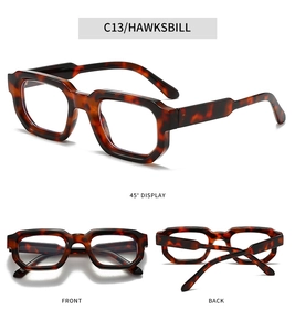 Three-way view of retro tortoiseshell thick-frame glasses showing front, back, and 45-degree angle