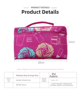Detailed view of the purple floral PU cosmetic bag showing waterproof texture and size info