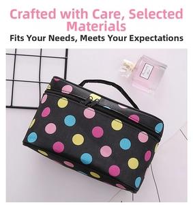 Detail view of large capacity makeup bag with colorful polka dots and double zipper