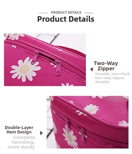 Detailed view of dual-way metal zippers and reinforced piping on pink floral makeup bag