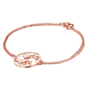 Rose gold stainless steel world map charm bracelet with double-layer fine link chains