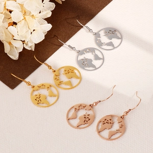 Set of minimalist map globe stud earrings in silver, gold, and rose gold stainless steel