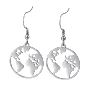 Fashionable silver stainless steel hollow world map map earrings with ear hooks for women