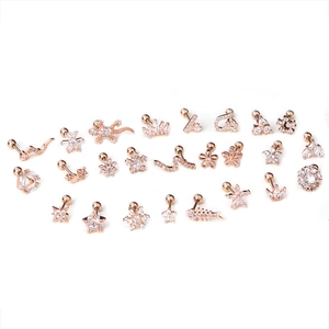 Rose gold stainless steel stud earrings set with zircon stars and floral shapes on white background