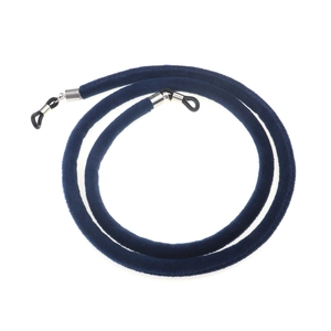 Detail view of dark blue velvet eyewear strap with metallic connectors and silicone rings