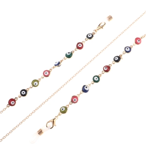 Golden eyewear chain with colorful evil eye beads and adjustable silicone loops