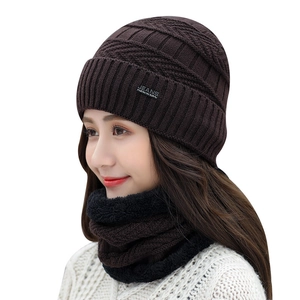 Women's dark brown knit beanie and neck warmer set with warm fleece lining