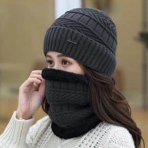 Women winter knit beanie hat and scarf set in dark gray with warm black fleece lining