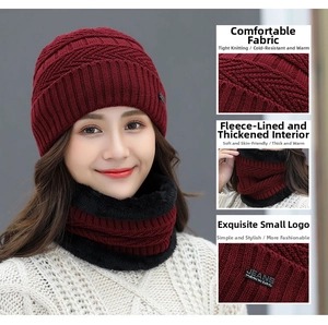 Detail of dark red knit beanie and neck warmer set with warm fleece lining texture