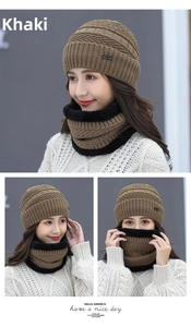 Detail of khaki knitted beanie and neck warmer set with warm fleece lining texture