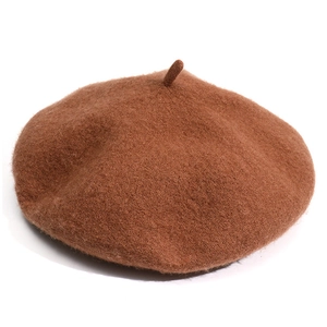 Classic dark brown wool beret hat for women with top stem shown from a 45-degree angle