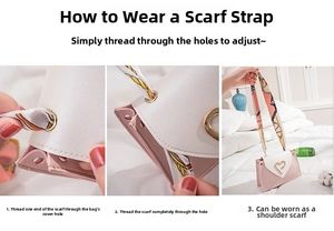Three-step visual guide for installing the printed silk scarf shoulder strap on the bag