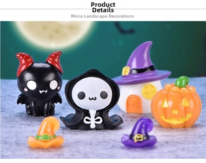 Miniature Halloween resin set featuring black cat, ghost, pumpkin and witch hat figurines