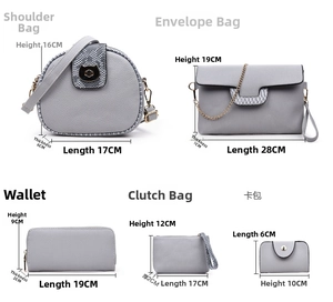 Größentabelle für ein 5-teiliges graues Handtaschenset mit Maßen für verschiedene Stile
