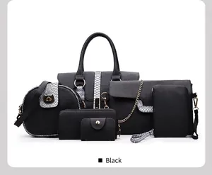 Detailansicht eines 6-teiligen schwarzen Lederhandtaschen-Sets mit Schlangenmuster