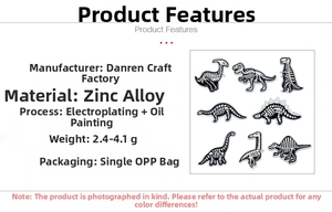 Detailed view of assorted dinosaur skeleton enamel pins in zinc alloy finish