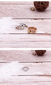 Macro detail of hexagonal rings in gold, rose gold, and silver with cubic zirconia