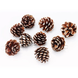 Natural pine cone ornaments with white snow paint and silver strings for Christmas tree