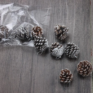 Natural pine cones with white paint snow effect and hanging strings for Christmas decor