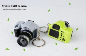 Detail of mini DSLR camera keychains with LED flash and shutter sound effects