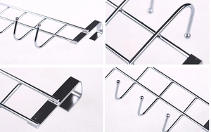 Detailed close-up showing welded joints and U-shaped hooks of the stainless steel door rack